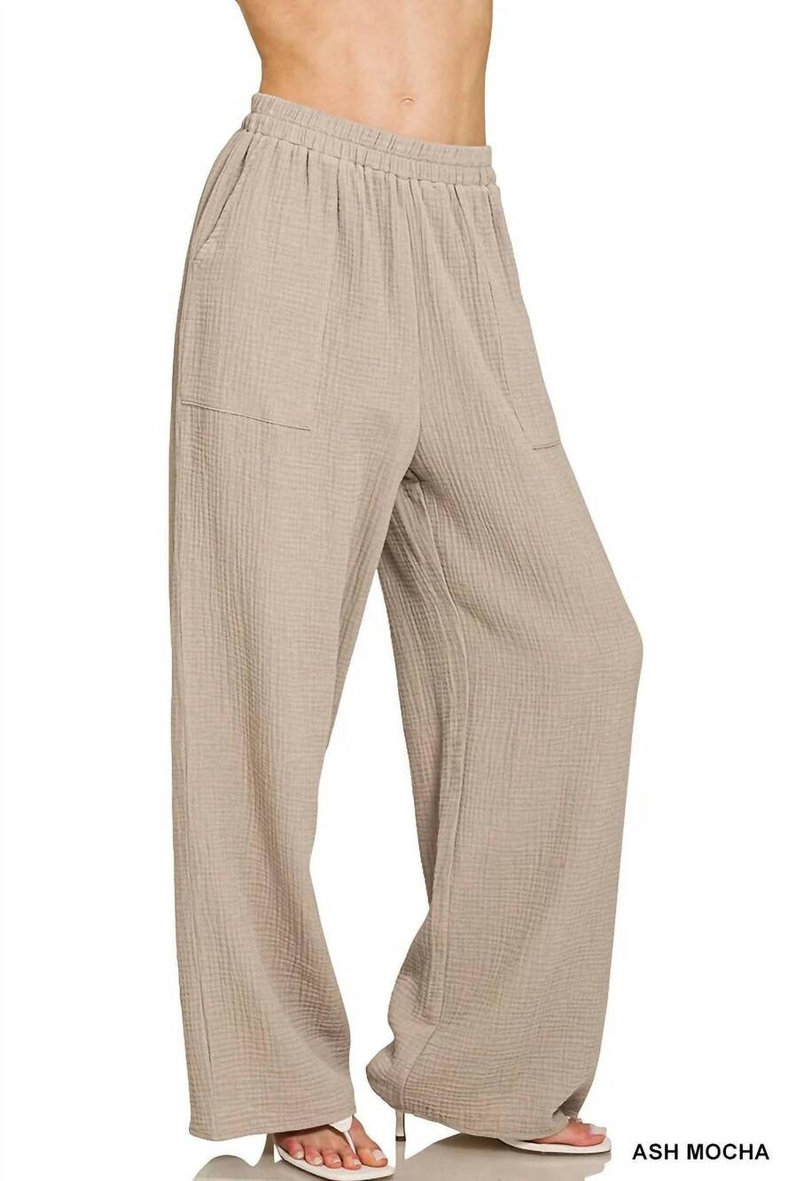 NEW ZENANA women's washed double gauze elastic band waist pants in ash mocha